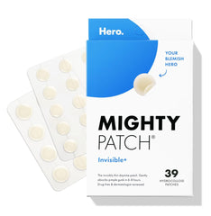 Mighty Patch Invisible+ on skin; discreet daytime patch blending with complexion for daytime wear.