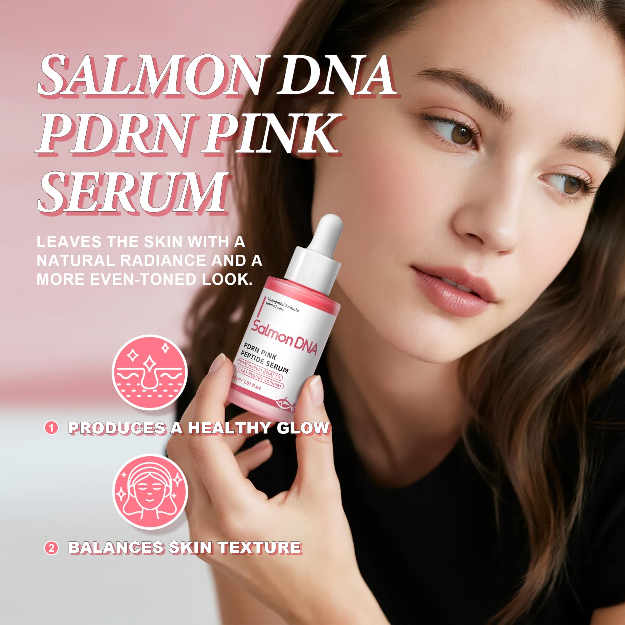 Mignor PDRN Serum pink bottle with applicator illustrating quick absorption