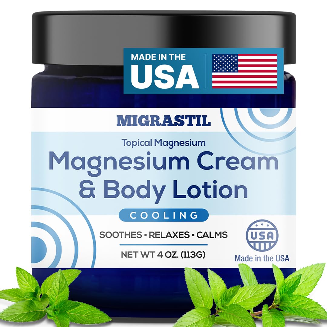 MIGRASTIL cooling magnesium cream bottle demonstrates cooling relief for sore muscles.