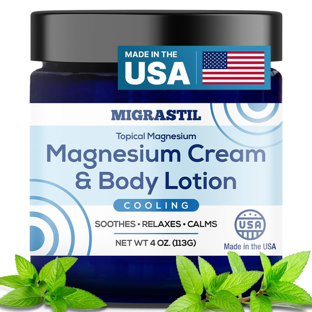 MIGRASTIL cooling magnesium cream bottle demonstrates cooling relief for sore muscles.