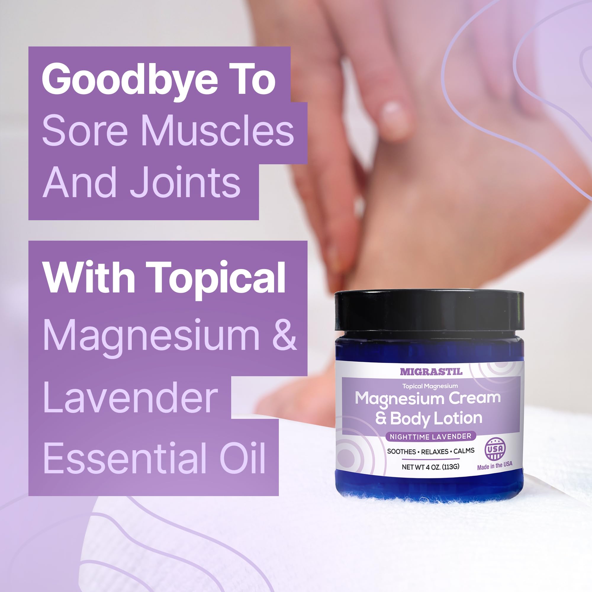 MIGRASTIL Nighttime Lavender Magnesium Cream applied to forearm for soothing daily use