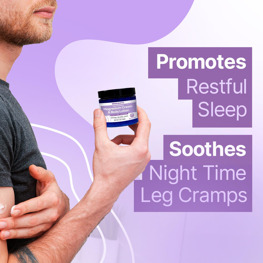 MIGRASTIL Nighttime Lavender Magnesium Cream bottle with lavender sprigs signaling calming routine