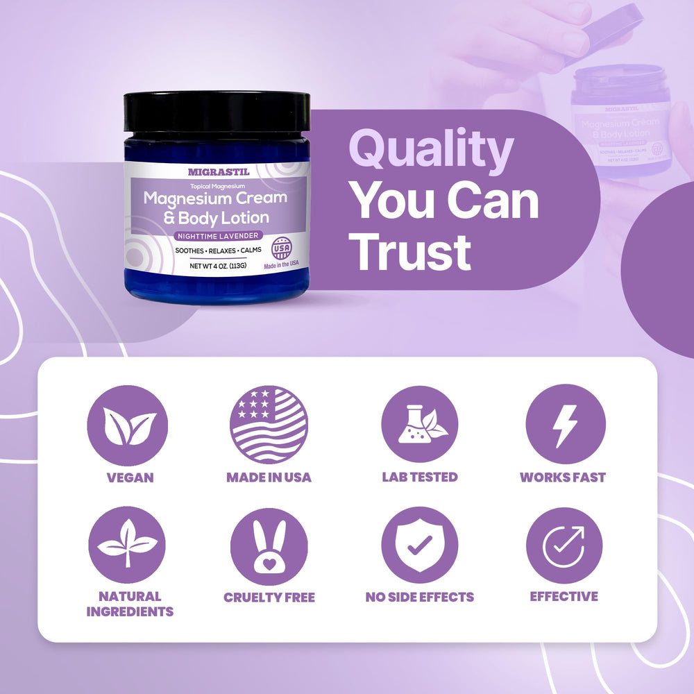 MIGRASTIL Nighttime Lavender Magnesium Cream packaging highlights vegan cruelty-free USA-made credentials