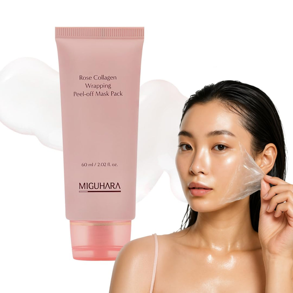 MIGUHARA Rose Collagen Wrapping Mask Pack front view highlights premium packaging and hydration benefits.