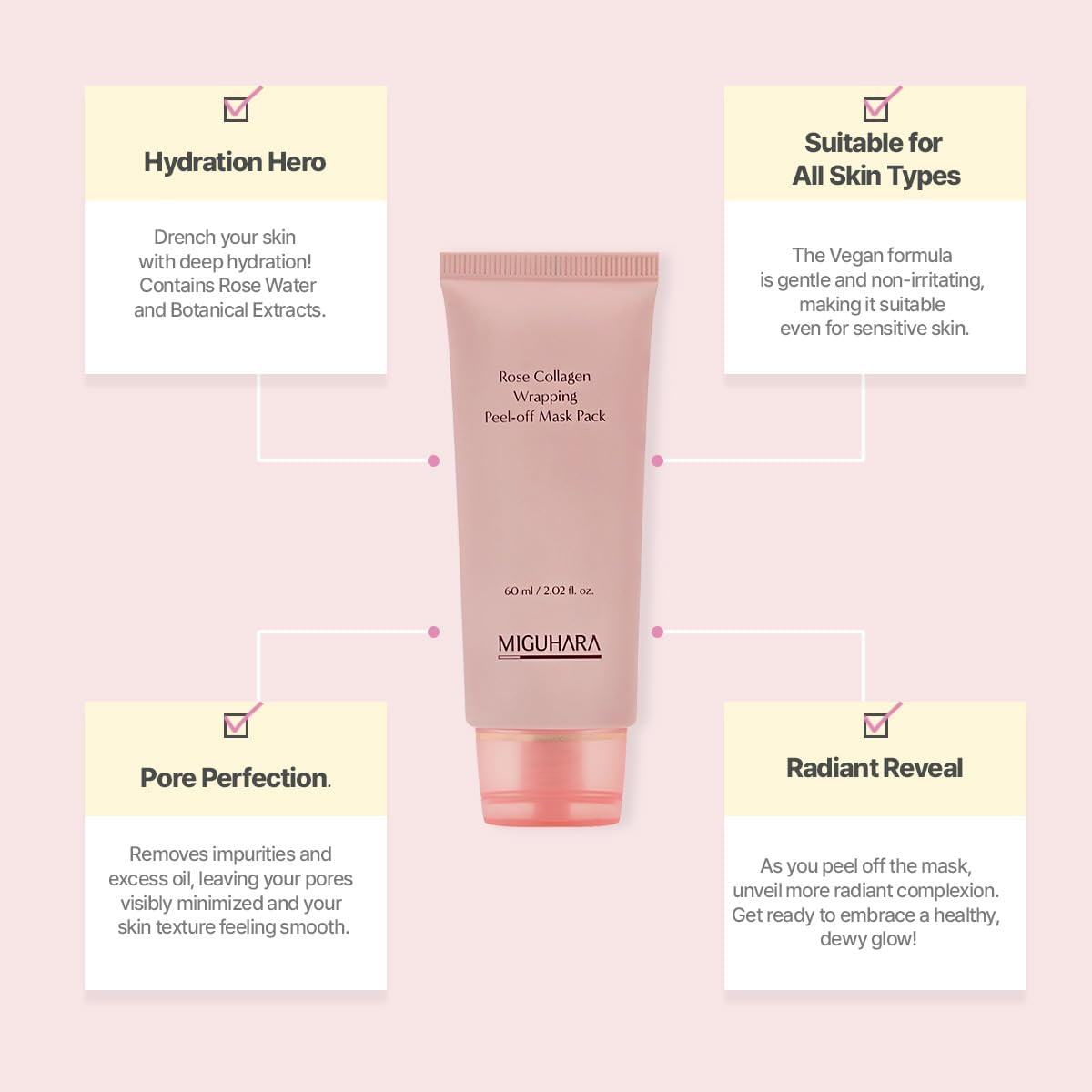 MIGUHARA rose water ingredient close-up shows hydrating formula for radiant skin.