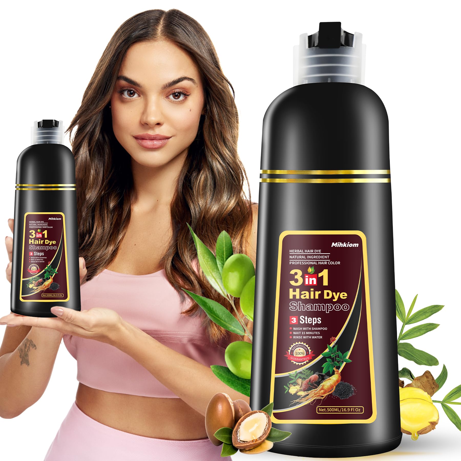 Mihkiom brown hair dye shampoo timer indicating a 15-minute color session.
