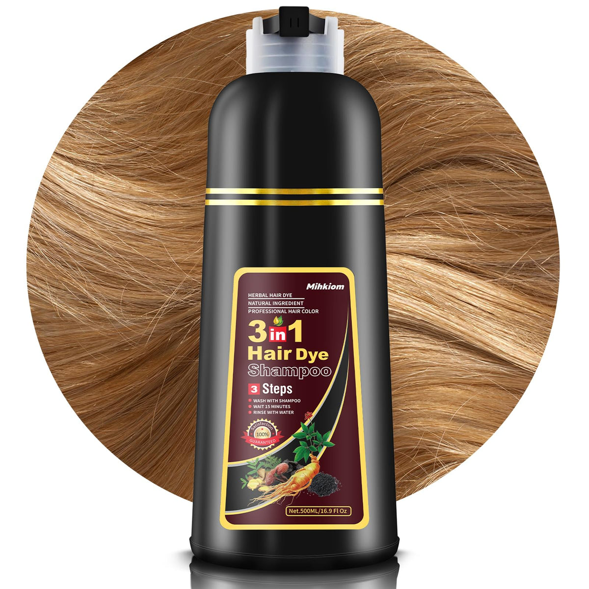 Mihkiom brown hair dye shampoo bottle pour for quick at-home color refresh.
