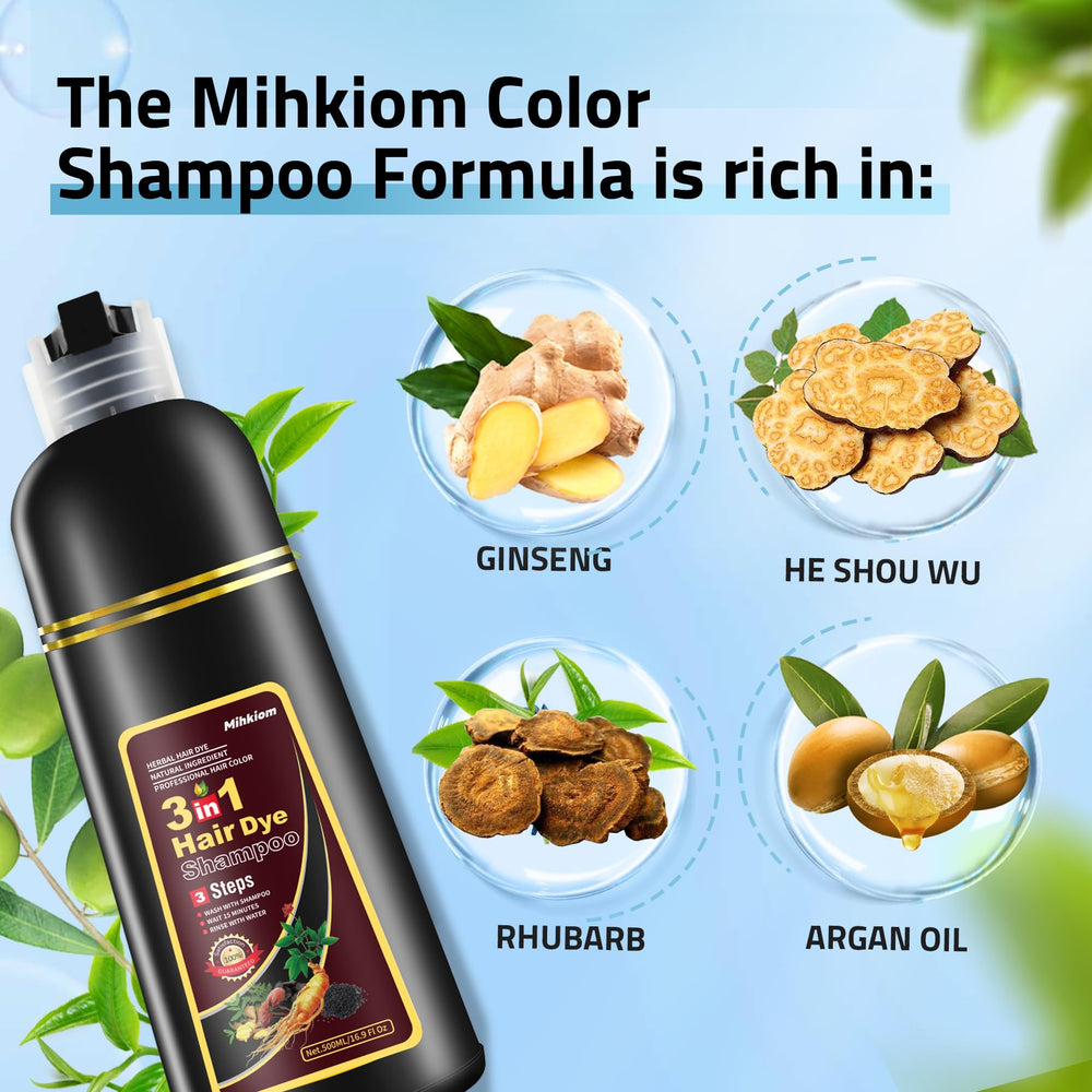Mihkiom brown hair dye shampoo ingredients close-up showing natural plant extracts.