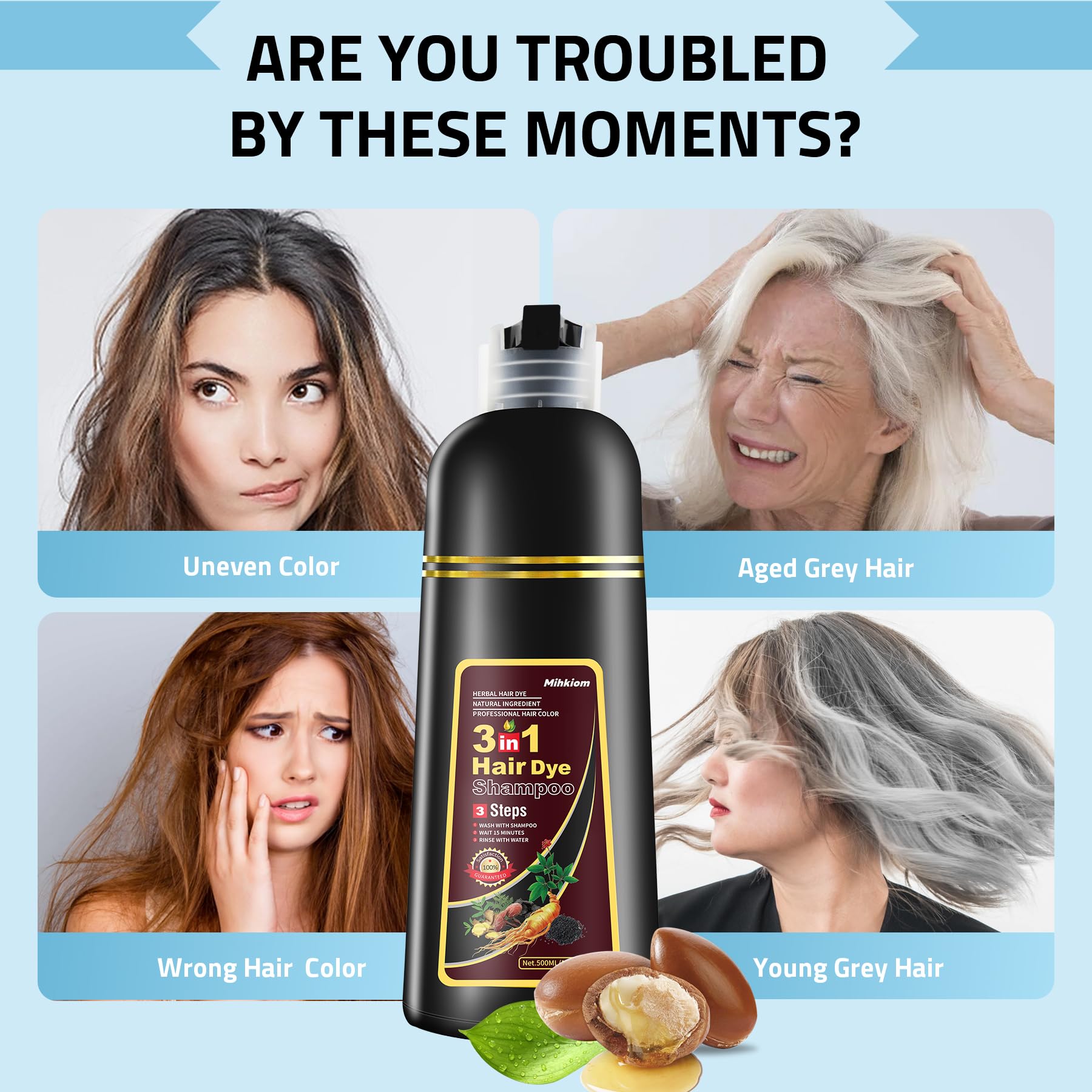 Mihkiom brown hair dye shampoo scalp care and even coverage close-up.