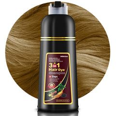 Mihkiom Hair Dye Shampoo 3in1 bottle closeup shows natural color formula for quick refresh