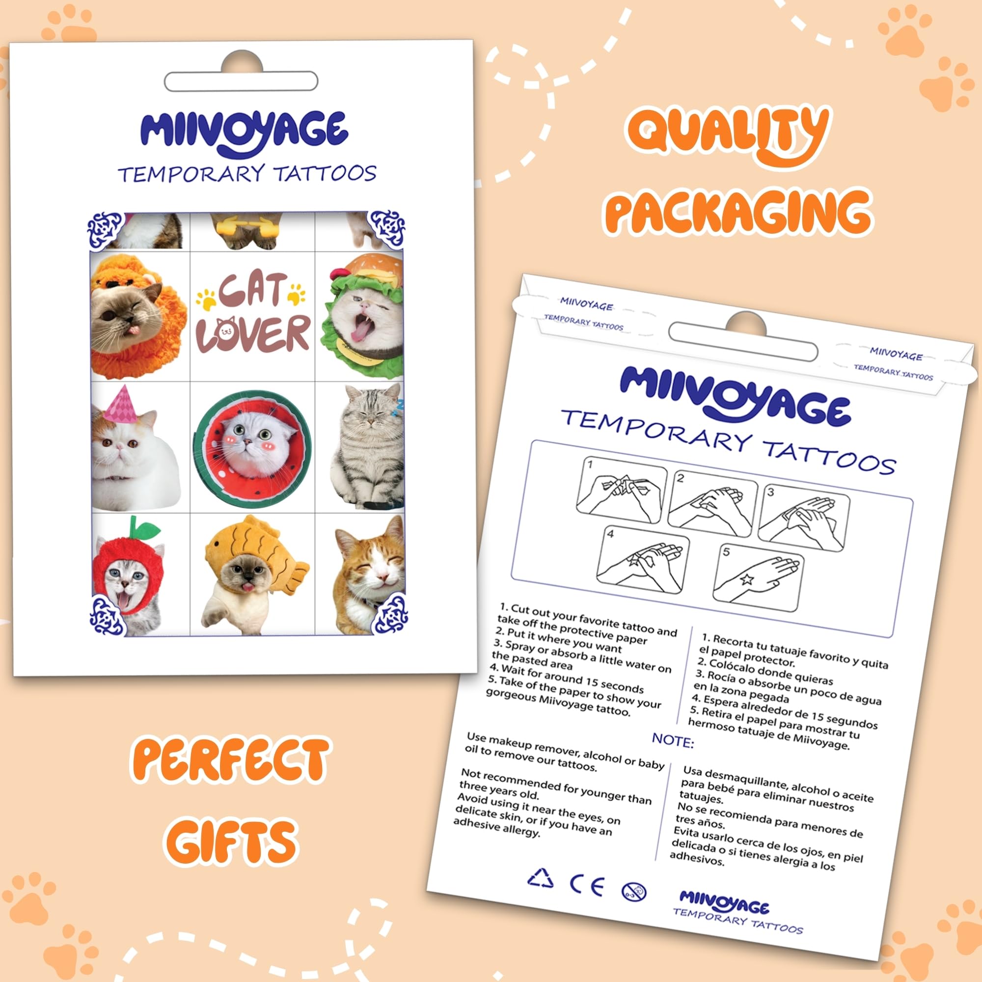 MIIVOYAGE cat tattoo application tutorial shows easy, mess-free use.