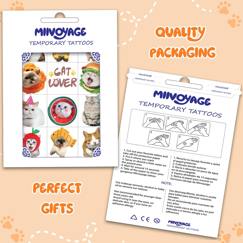 MIIVOYAGE cat tattoo application tutorial shows easy, mess-free use.