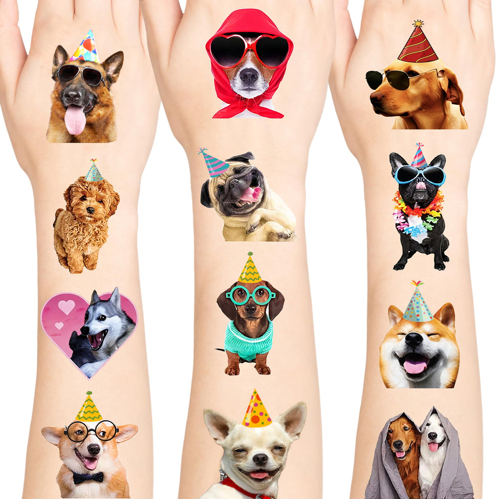 MIIVOYAGE dog tattoos 96-piece set with diverse breeds for festive party favors.