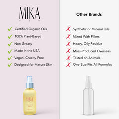 Mika Vie body oil bottle close-up highlights sesame and jojoba oils for nourishment