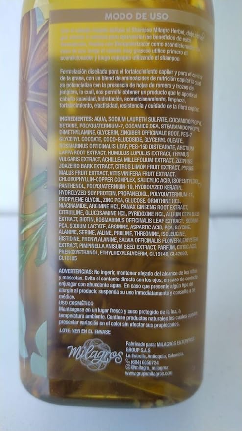Milagros Herbal Shampoo bottle on shelf, signaling natural nourishment from Colombia.