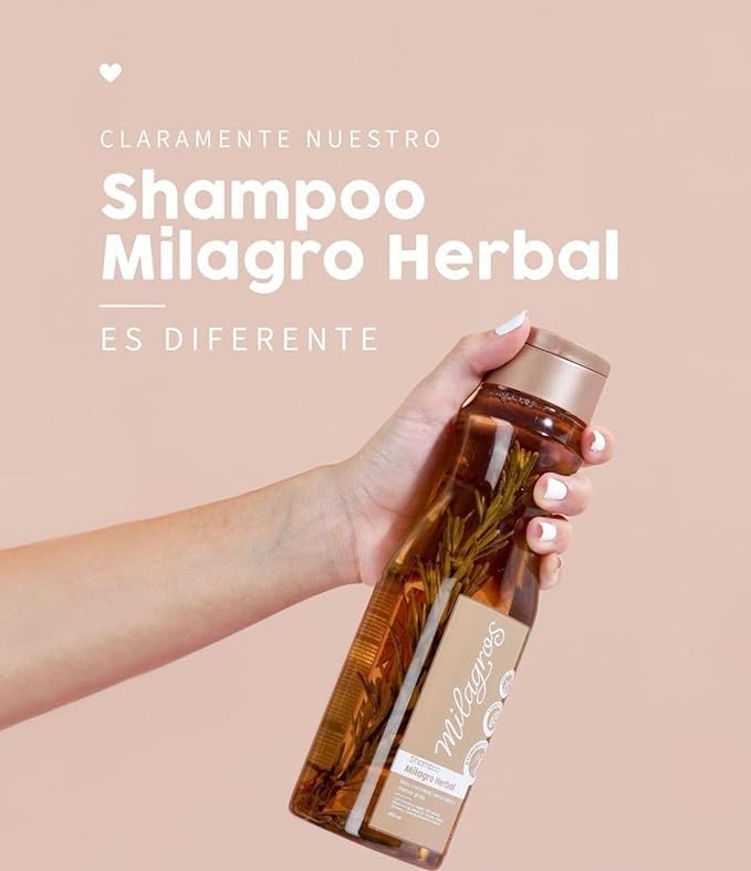 Milagros Herbal Shampoo with rosemary-ginger pieces for natural vitality.