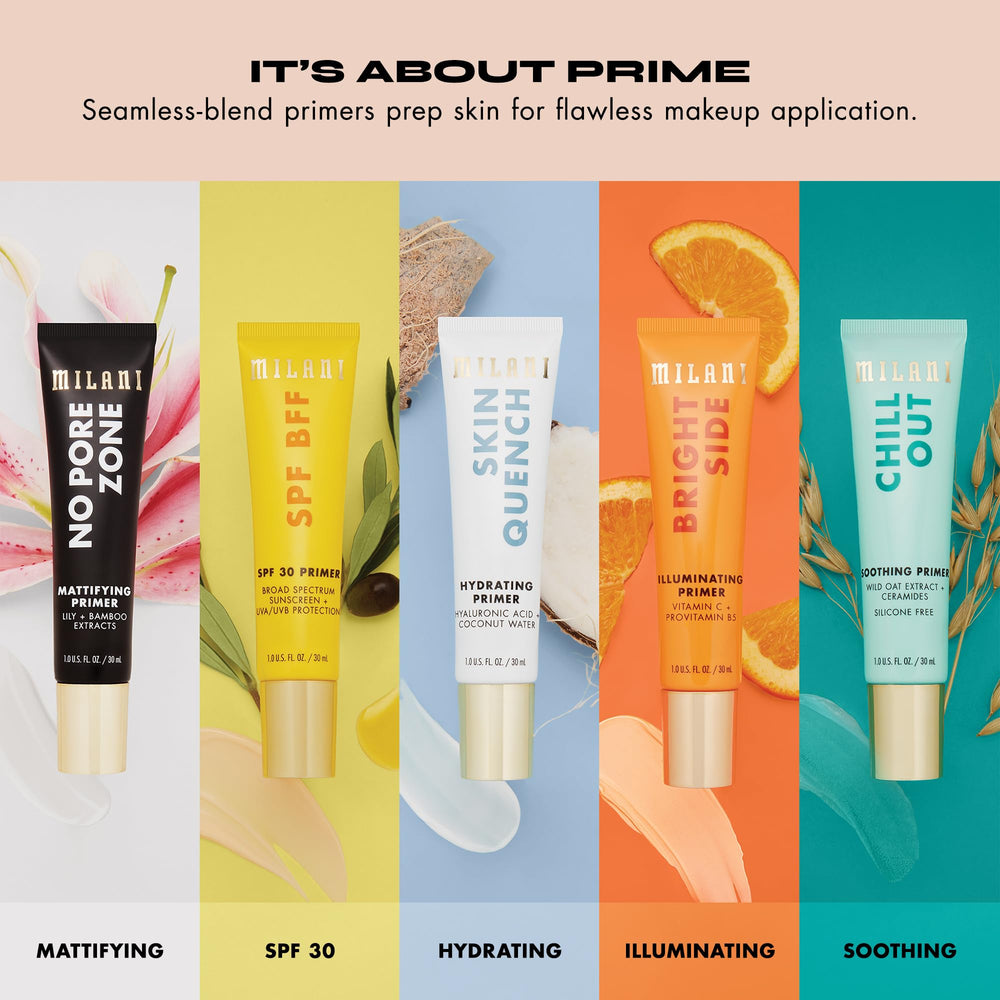 Milani bright-side-brightening-primer bottle aiming for dewy glow