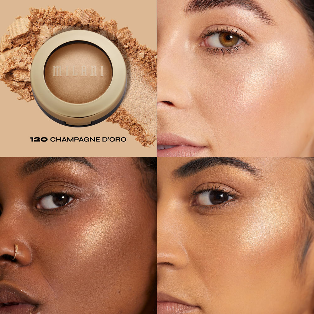 Milani Champagne D'Oro cheekbones highlight emphasizes sculpted, natural luminosity.
