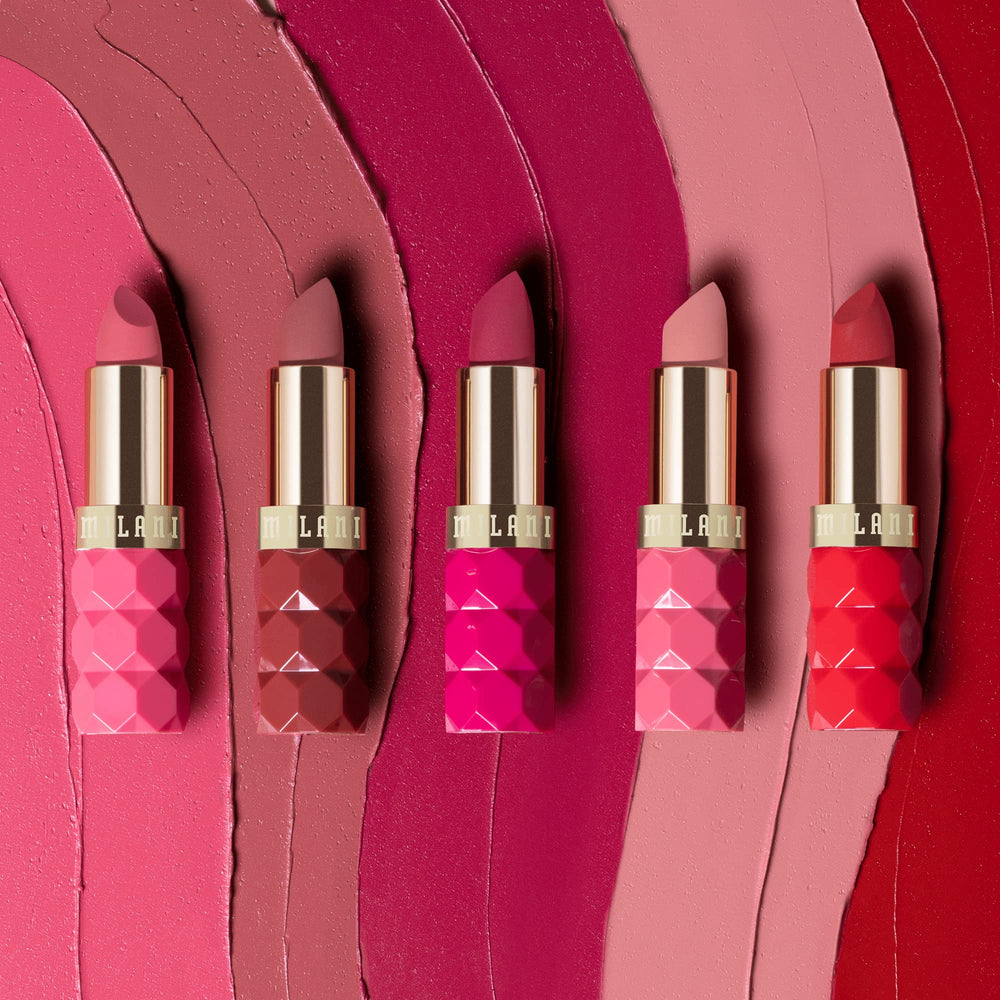 Milani Color Fetish Matte Lipstick Blossom packaging display shows vegan, cruelty-free formula.