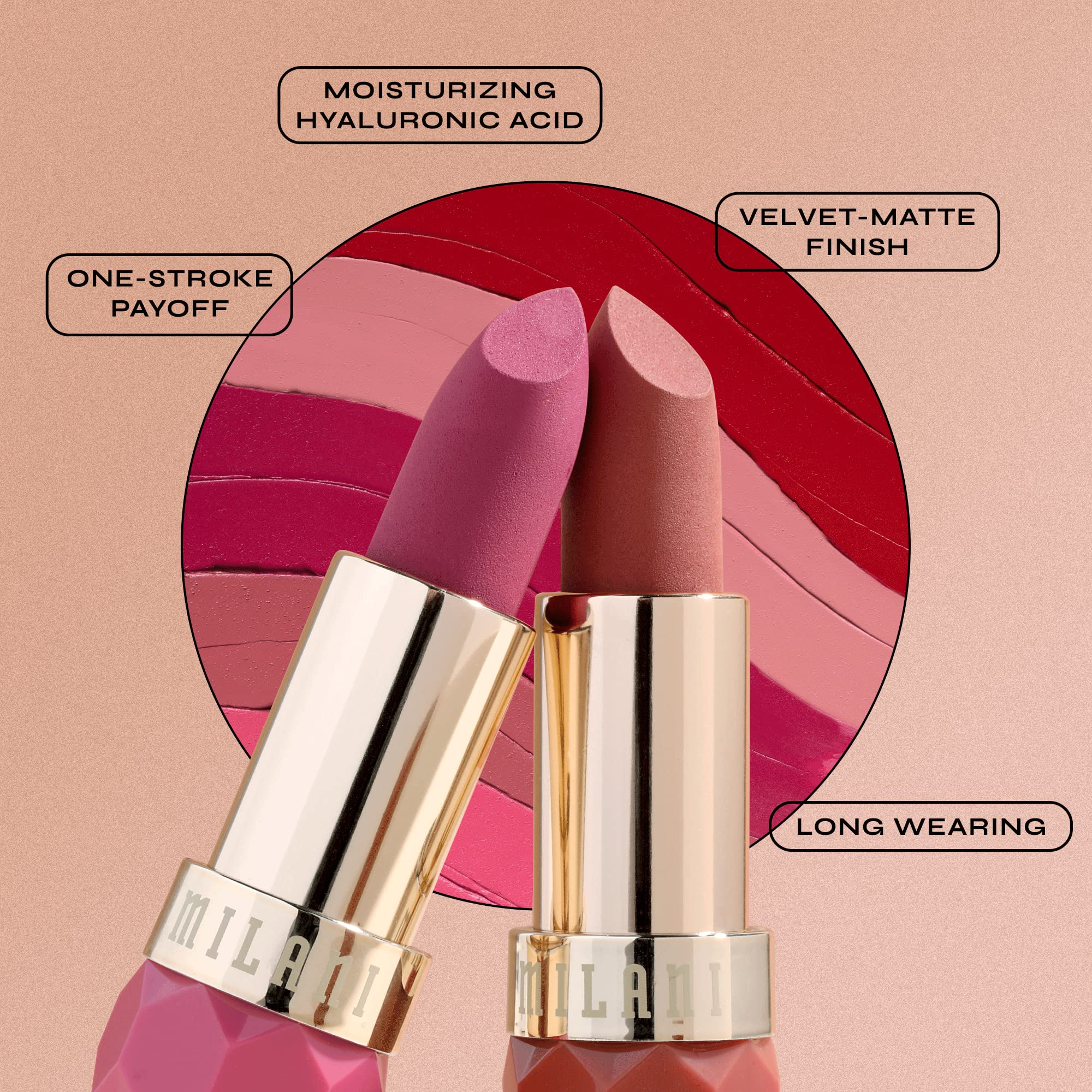 Milani Color Fetish Matte Lipstick Blossom velvet finish texture looks plush and comfortable.