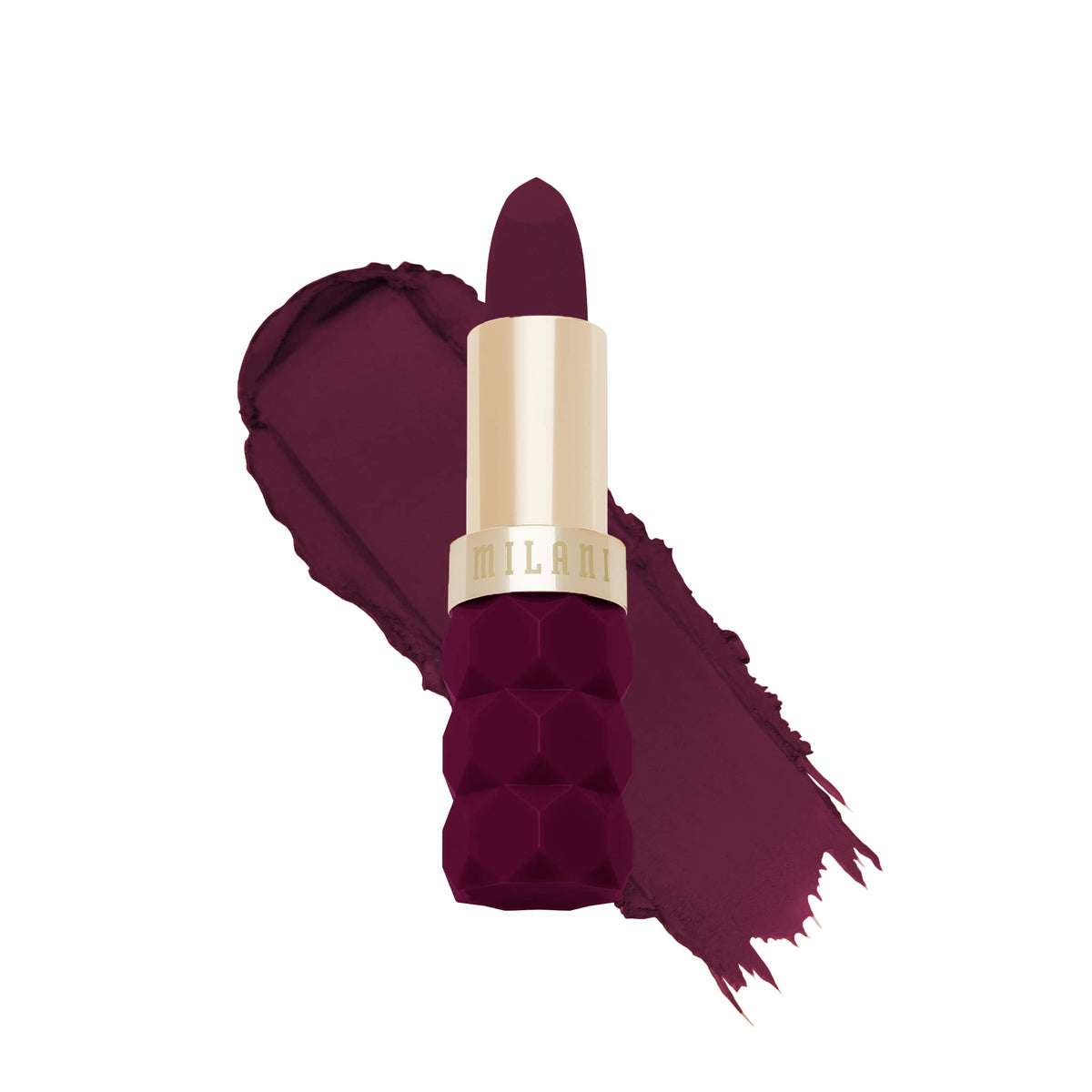 Milani Color Fetish Matte Lipstick Dahlia swatch reveals bold matte color.