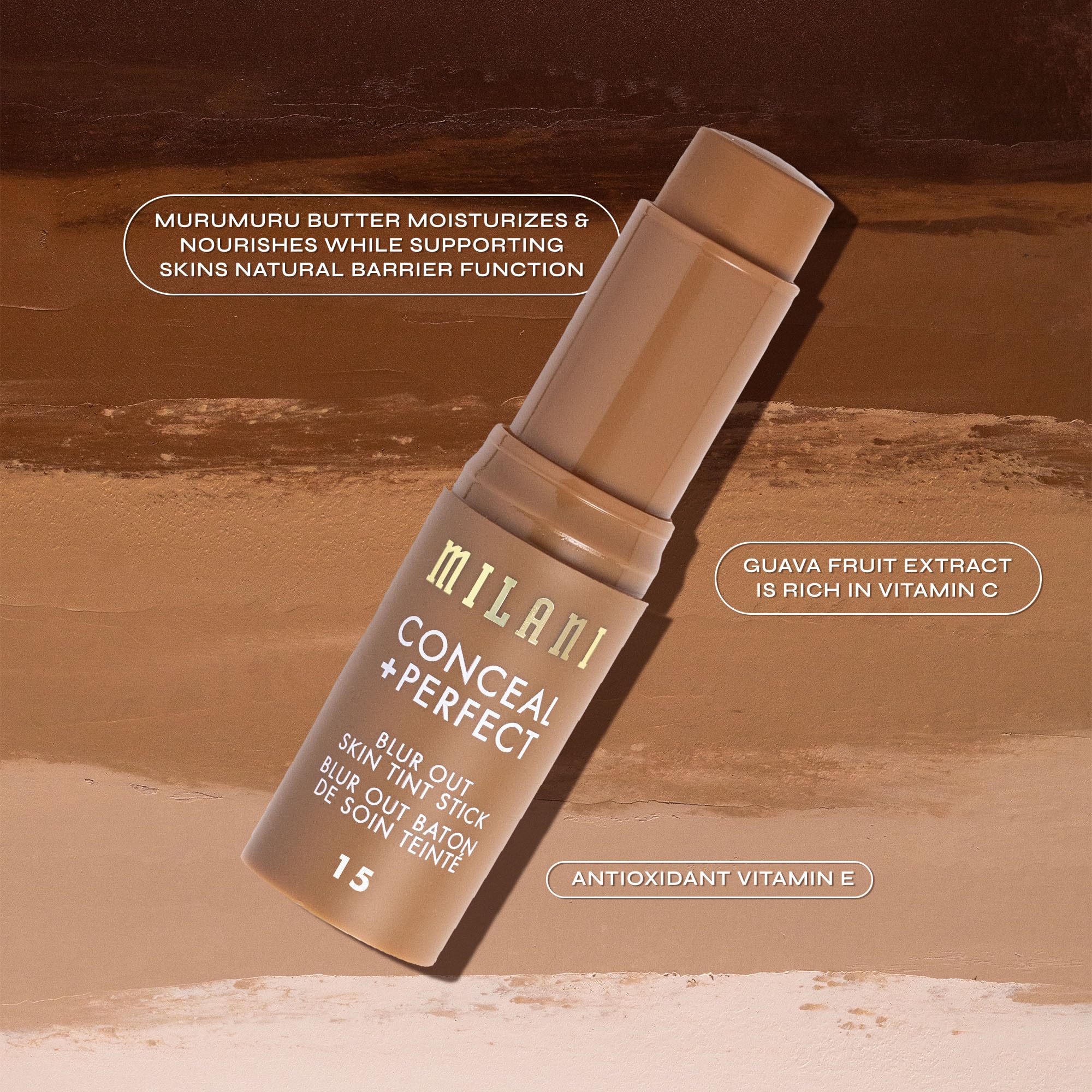 Close-up of Milani Conceal and Perfect Blur Out Skin Tint Stick texture blending.