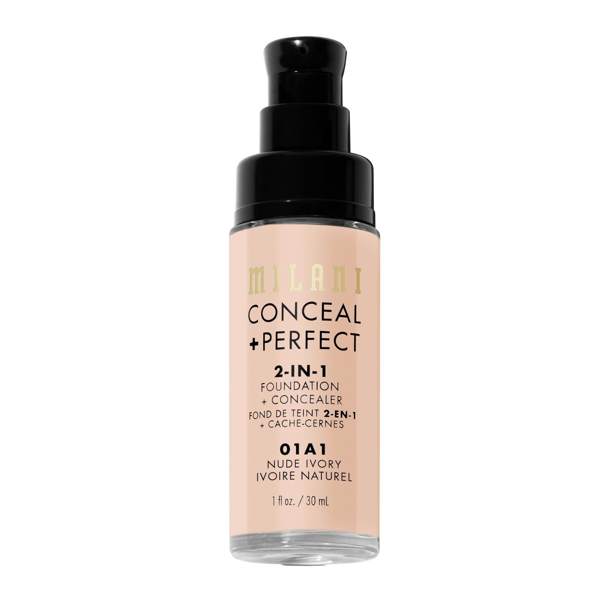 Milani Conceal + Perfect packaging close-up with sleek bottle design for travel.