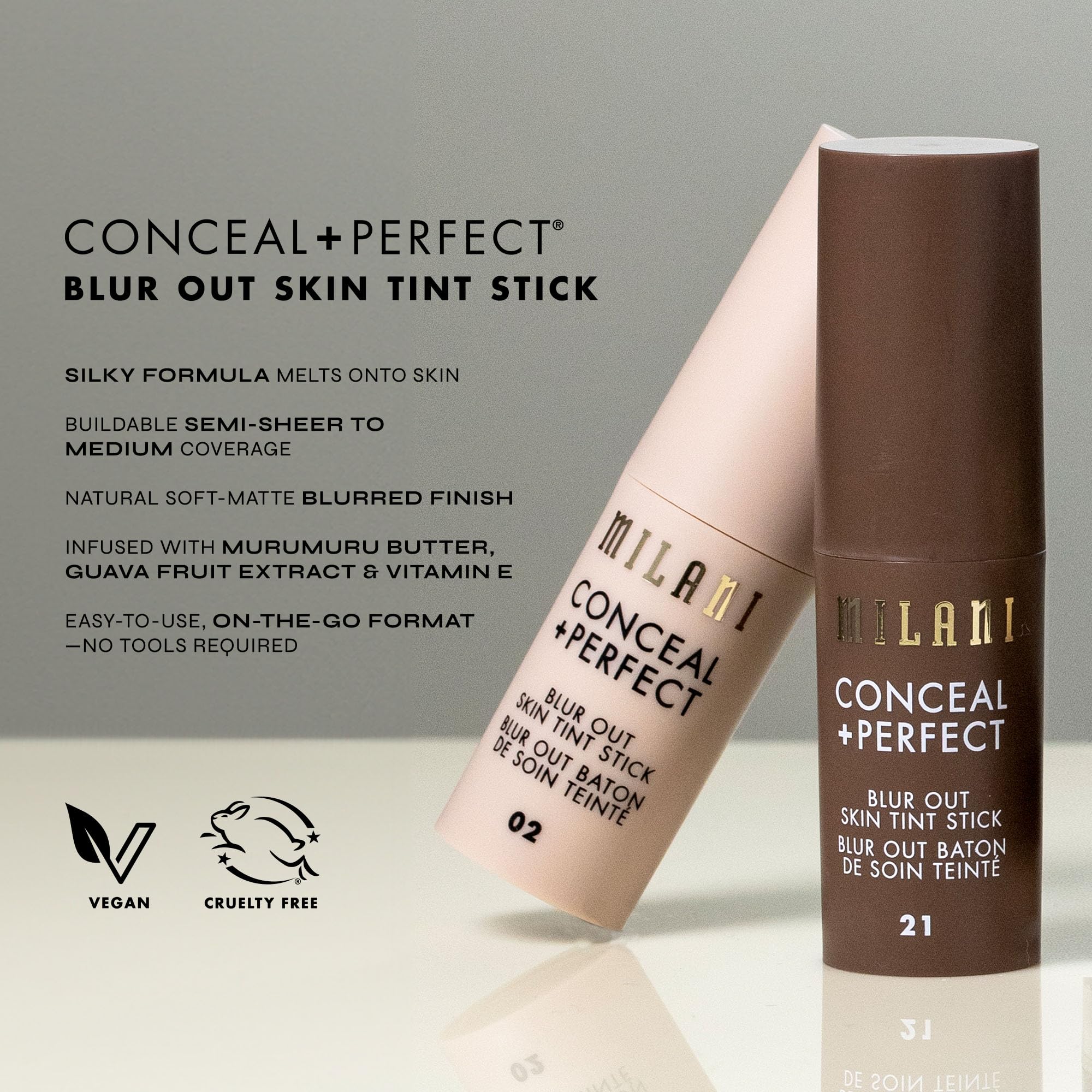 Milani Conceal + Perfect Skin Tint Stick 07 ingredients hint at moisture and antioxidant protection.
