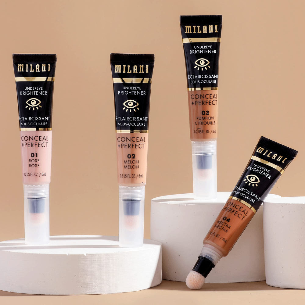 Milani Conceal + Perfect Undereye Brightener paired with facelift palette concept.