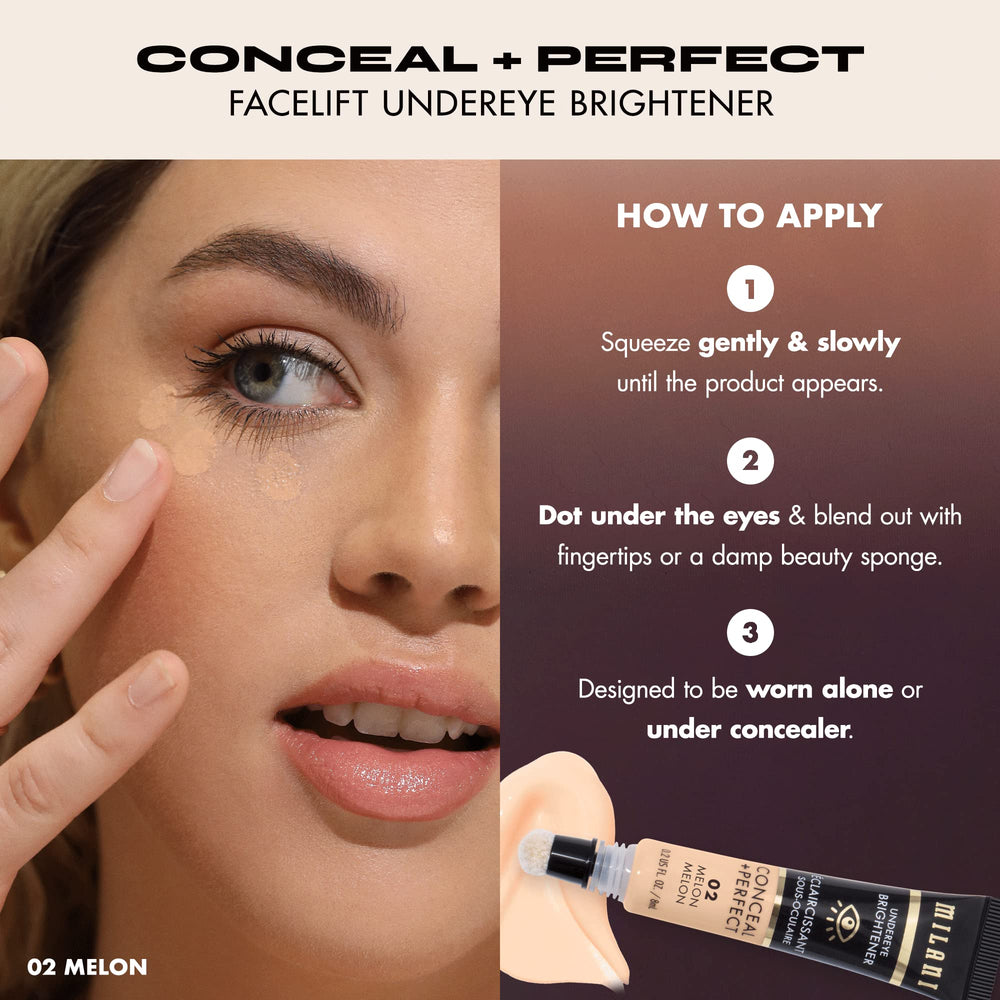 Milani Conceal + Perfect Undereye Brightener features caffeine and niacinamide to refresh under-eye area.