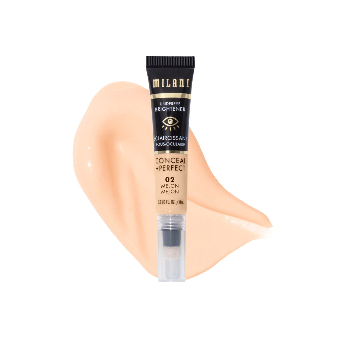 Milani Conceal + Perfect Undereye Brightener tube close-up highlighting brightening, hydrating formula.