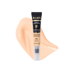 Milani Conceal + Perfect Undereye Brightener tube close-up highlighting brightening, hydrating formula.