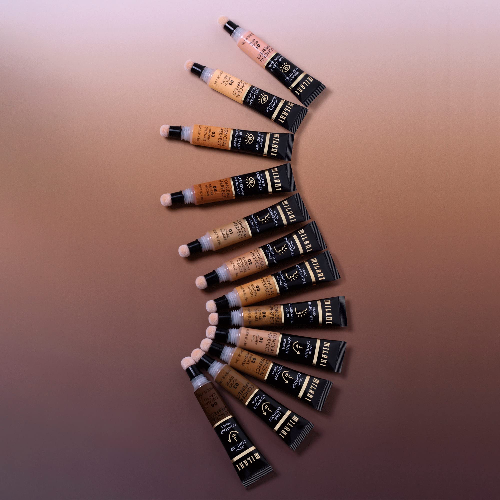 Milani Conceal + Perfect Undereye Brightener shown with Liquid Contour for sculpted definition.