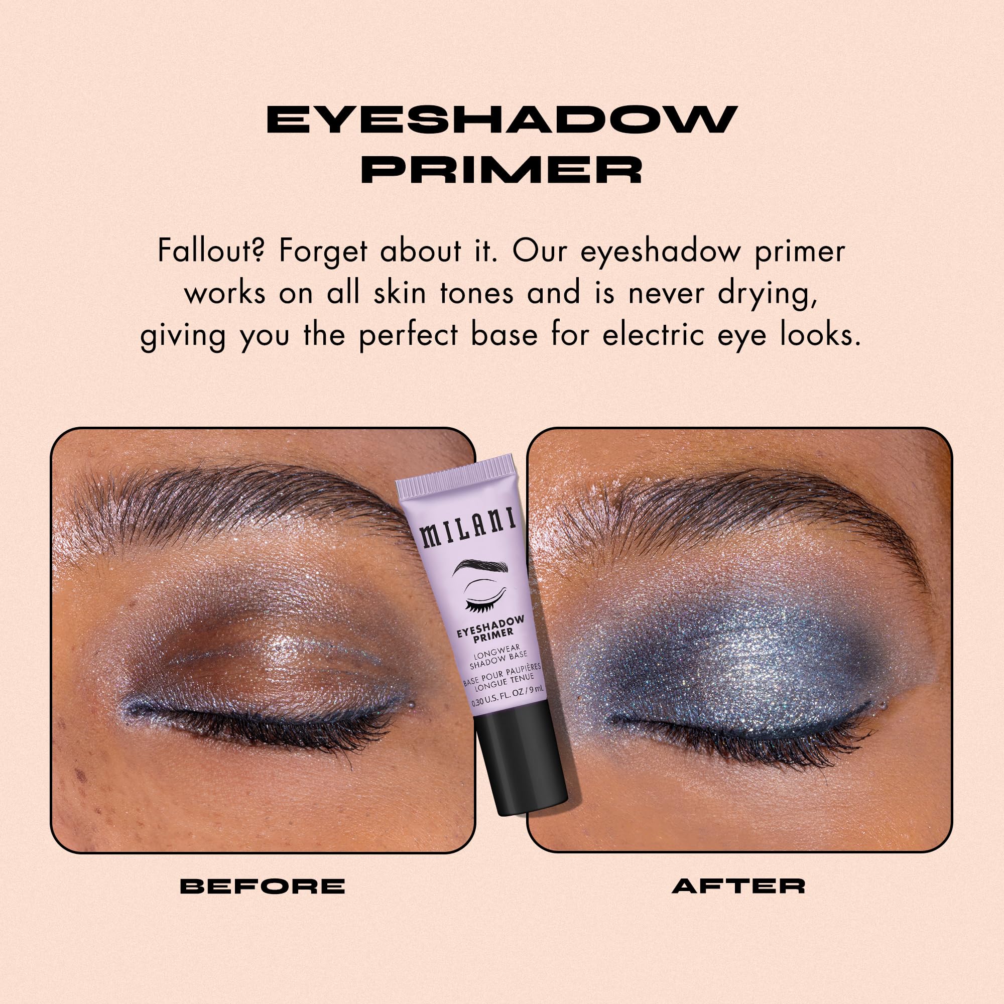 Milani Eyeshadow Primer finish appears crease-proof with vibrant shadows.