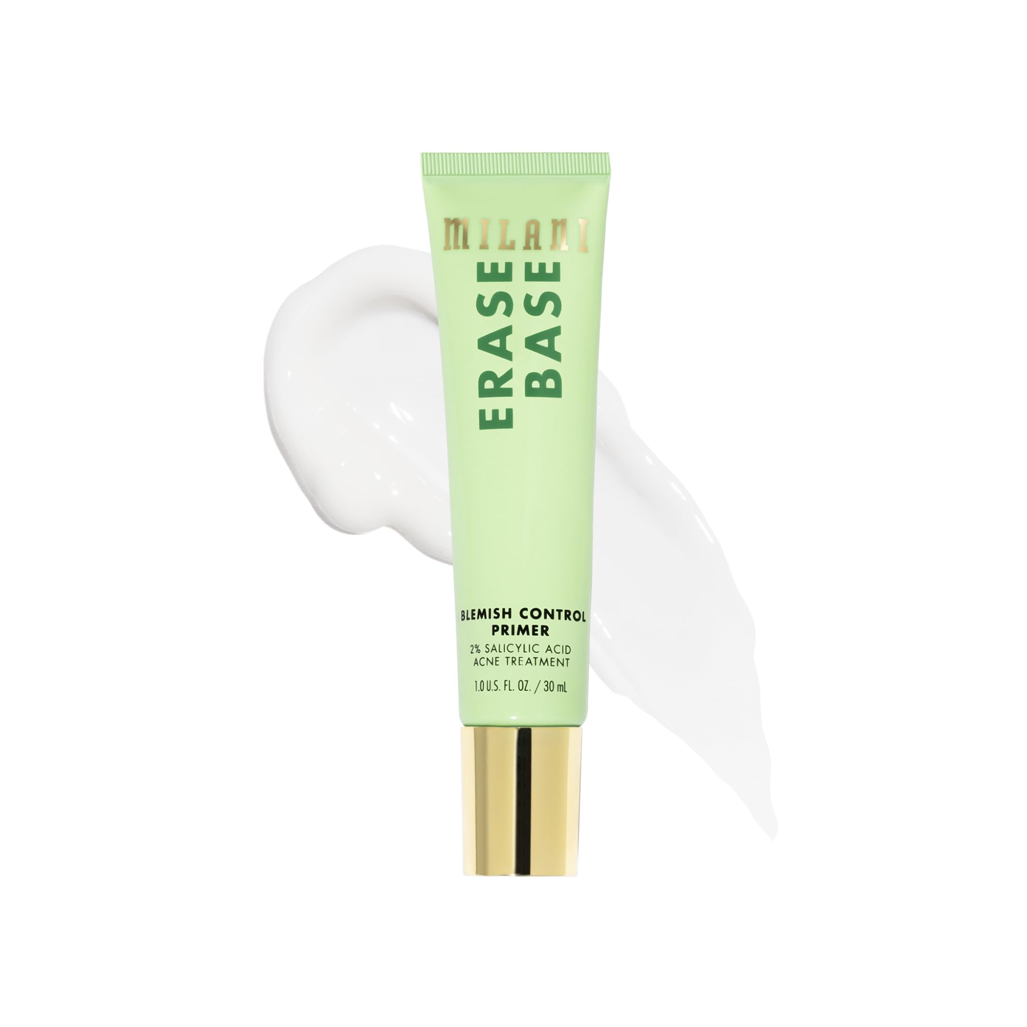 Milani Erase Base Blemish Primer bottle close-up highlighting blemish control