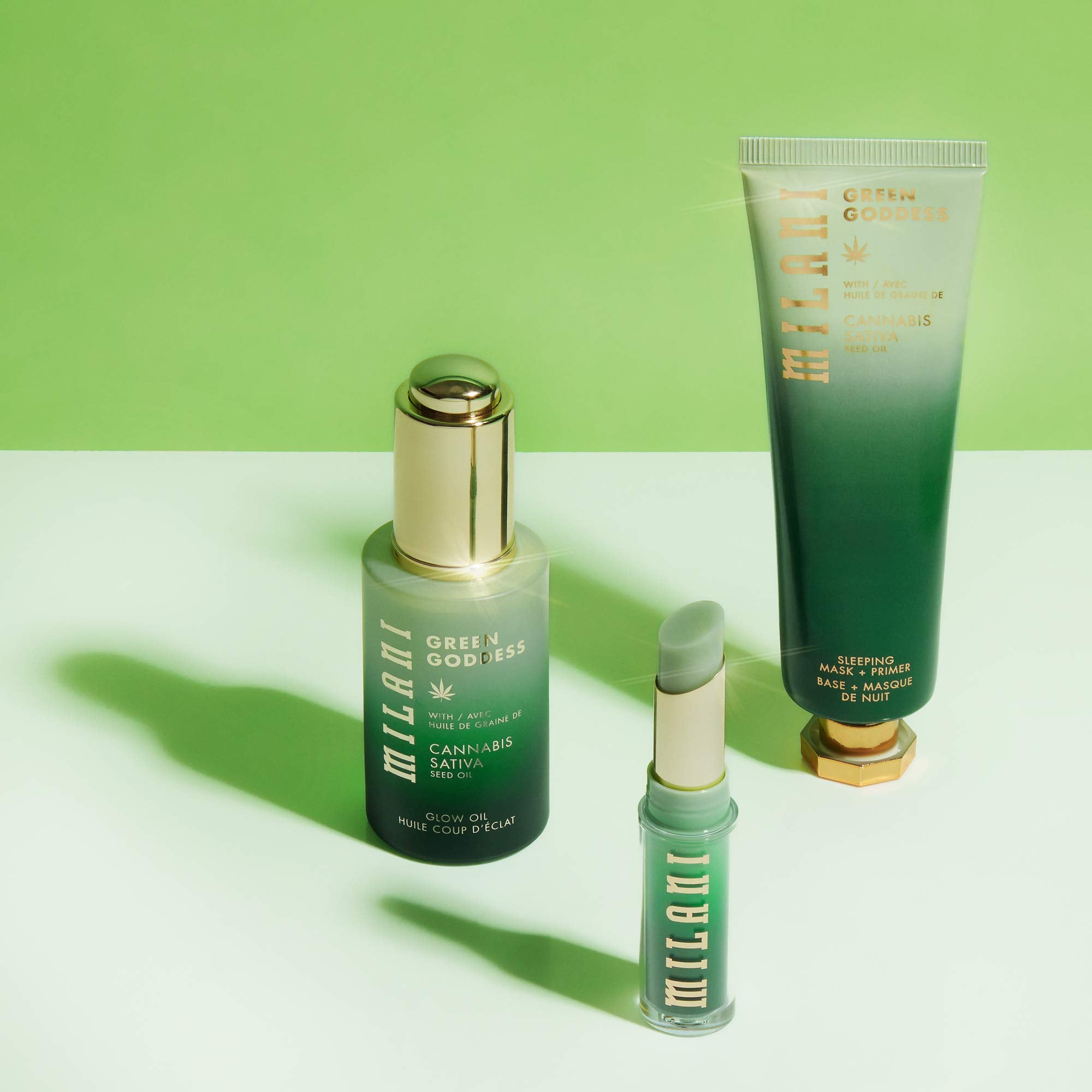 Milani Green Goddess Glow Oil label highlights clean, plant-based hemp formula.