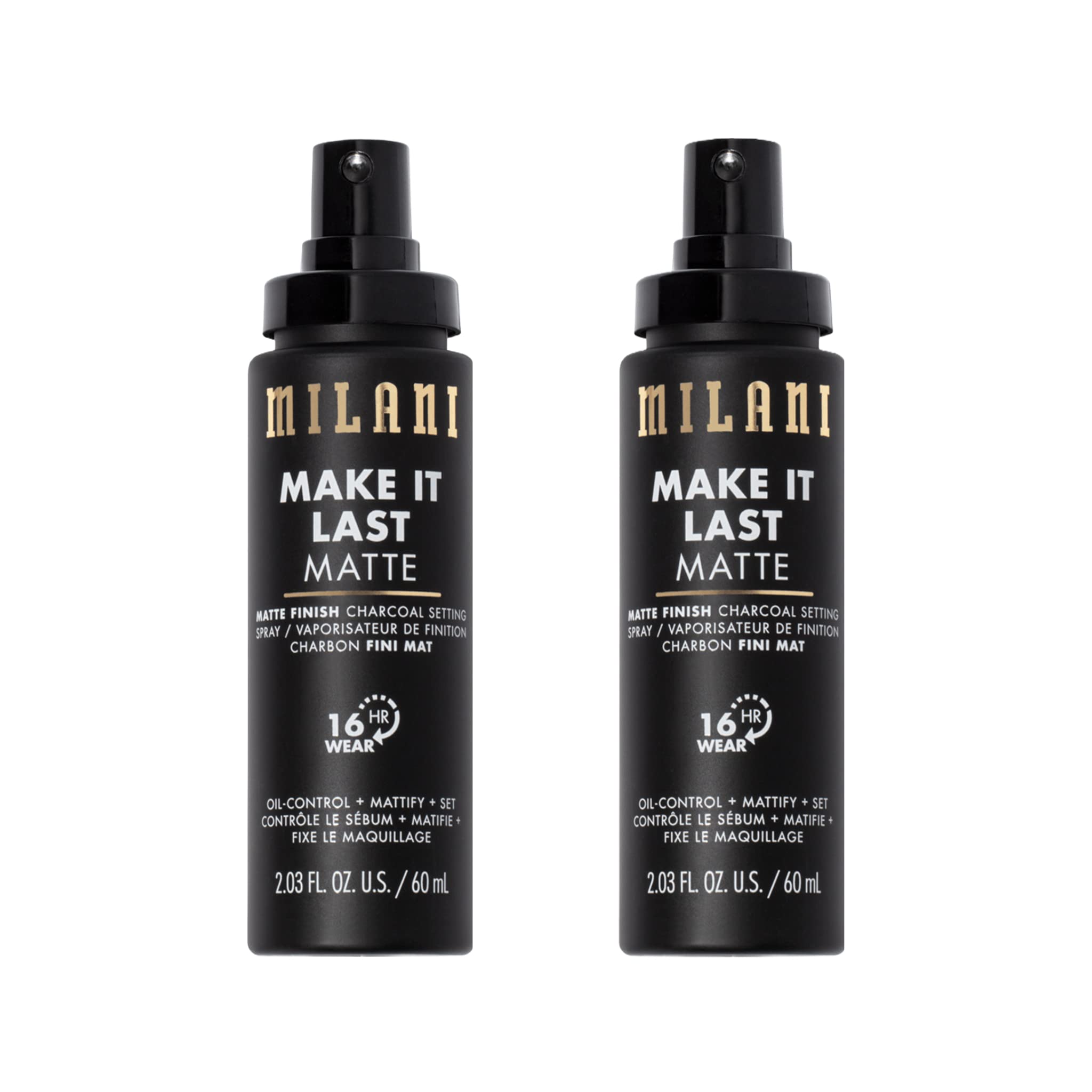 Milani setting spray bottle with charcoal formula priming and setting makeup.