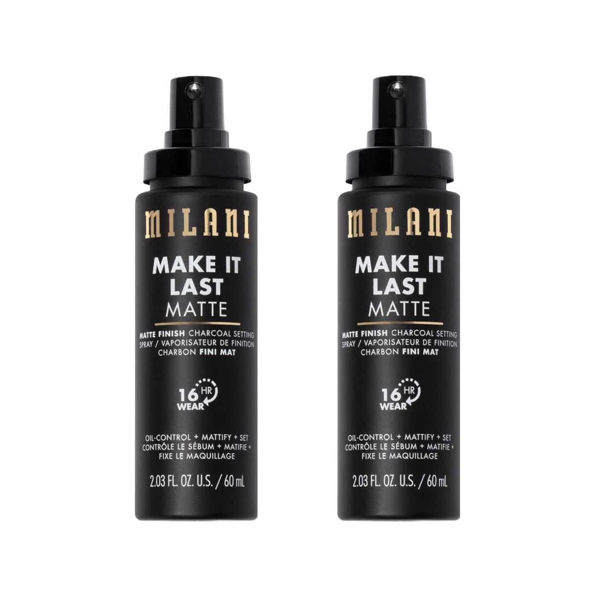 Milani setting spray bottle with charcoal formula priming and setting makeup.