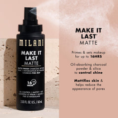 Milani matte finish setting spray for oil control and long wear.