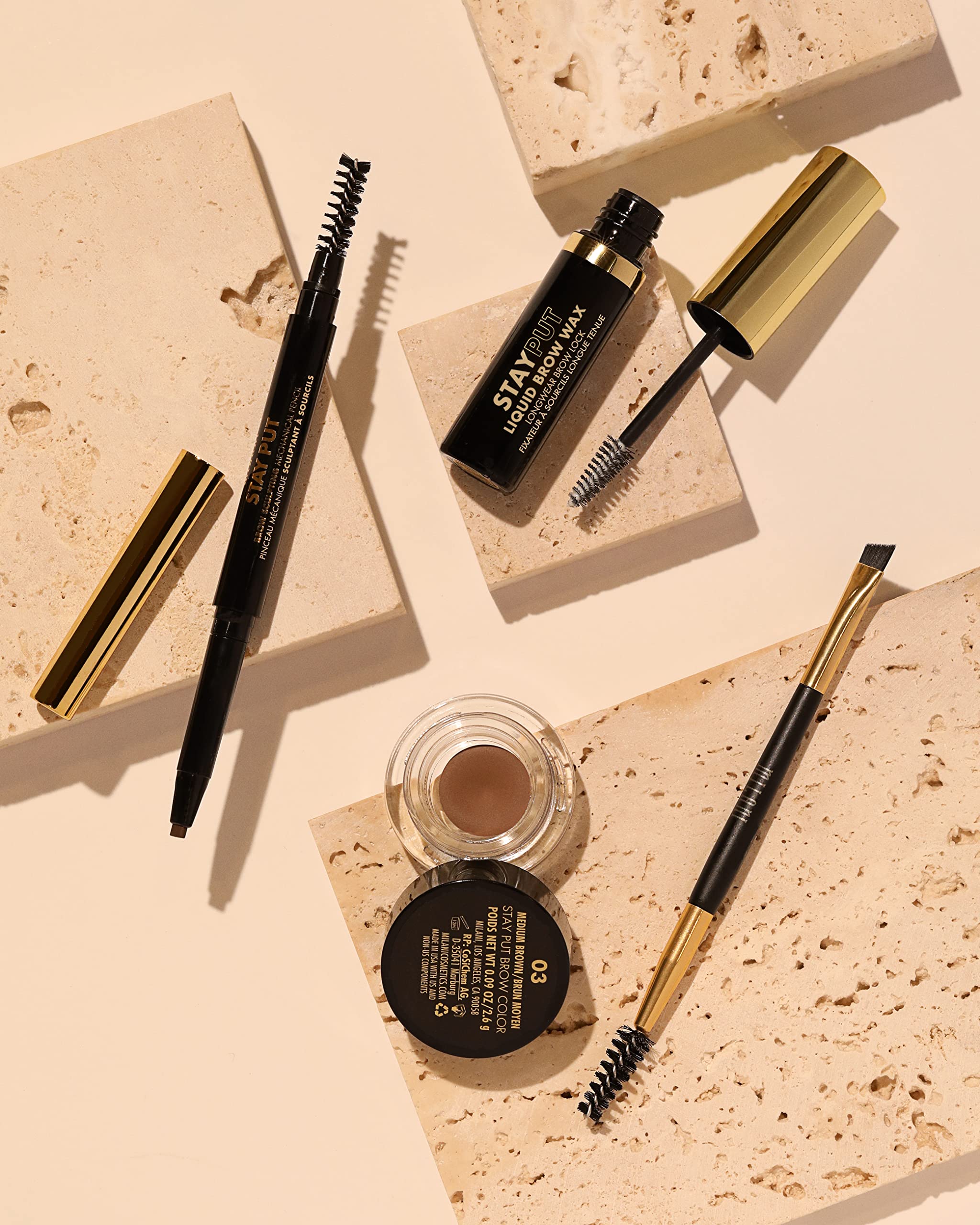 Milani Stay Put Brow Wax uses a precision brush for controlled application.