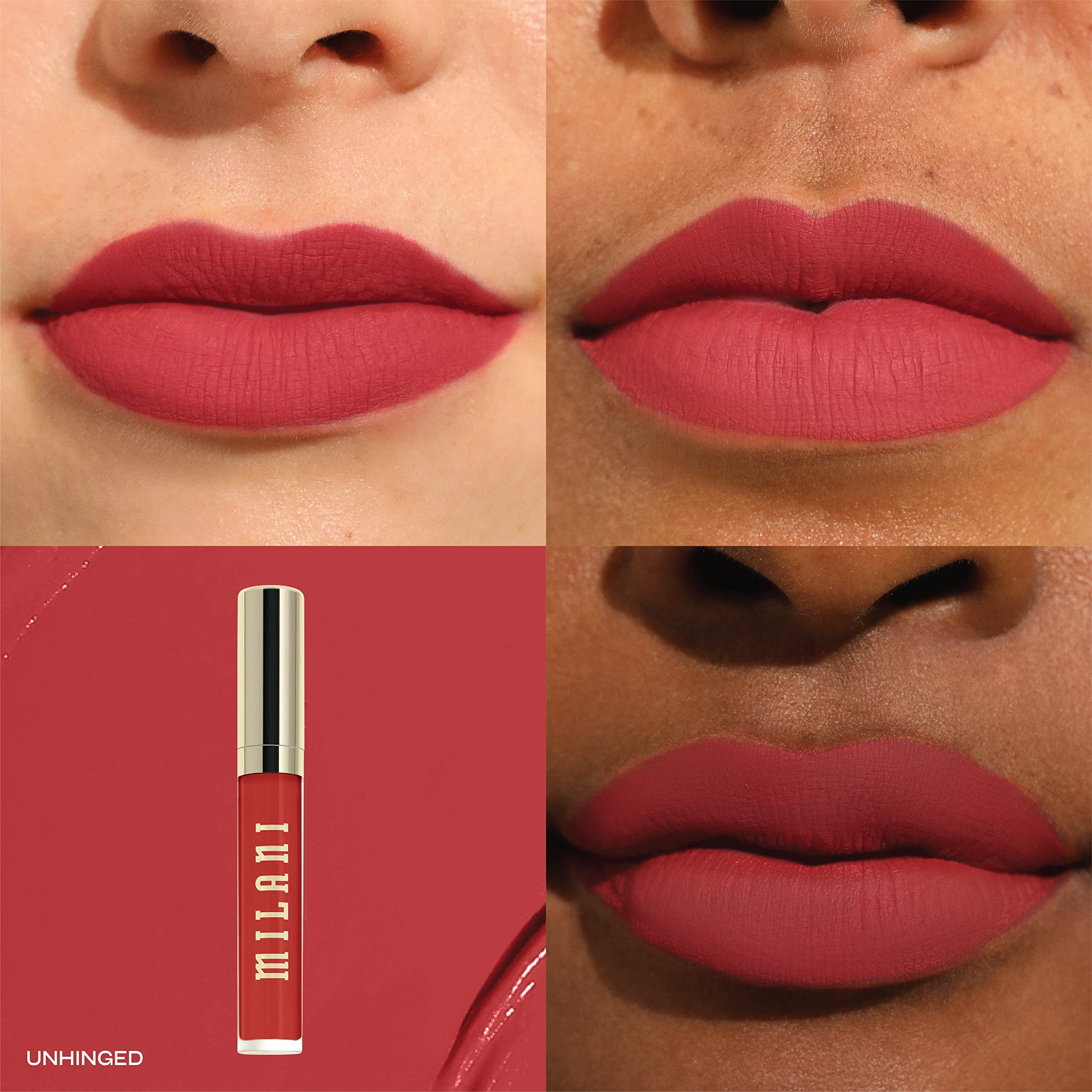 Milani Stay Put Liquid Lipstick shows soft-matte, comfortable texture.