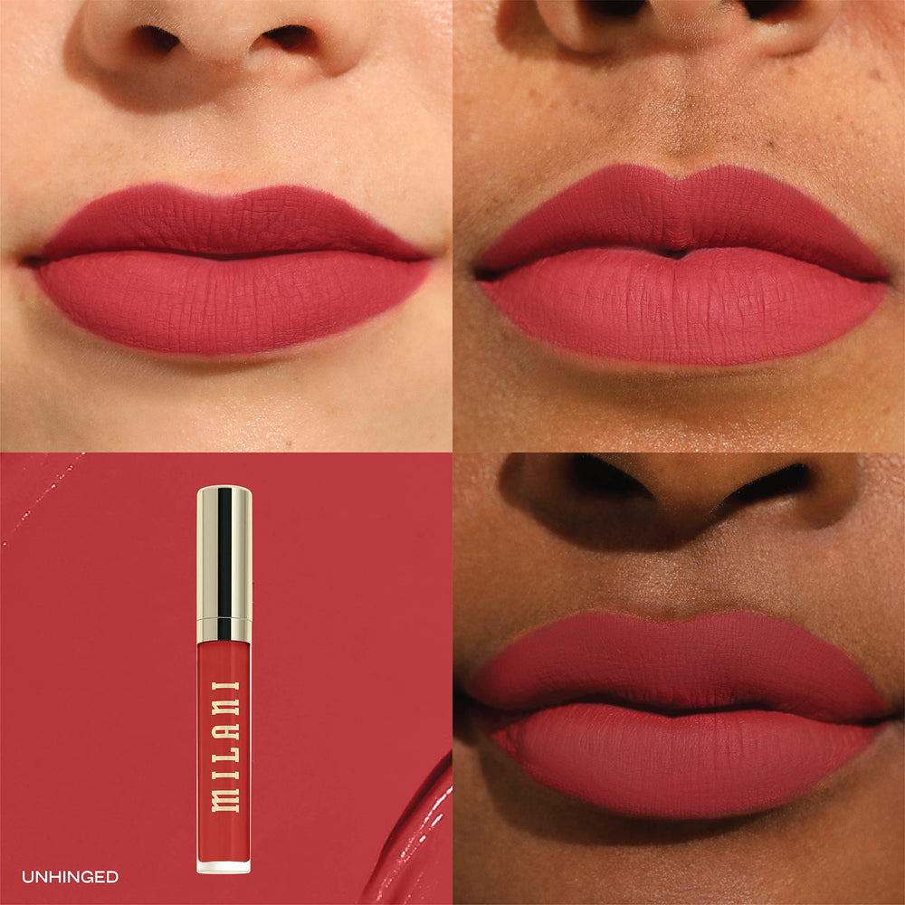 Milani Stay Put Liquid Lipstick shows soft-matte, comfortable texture.