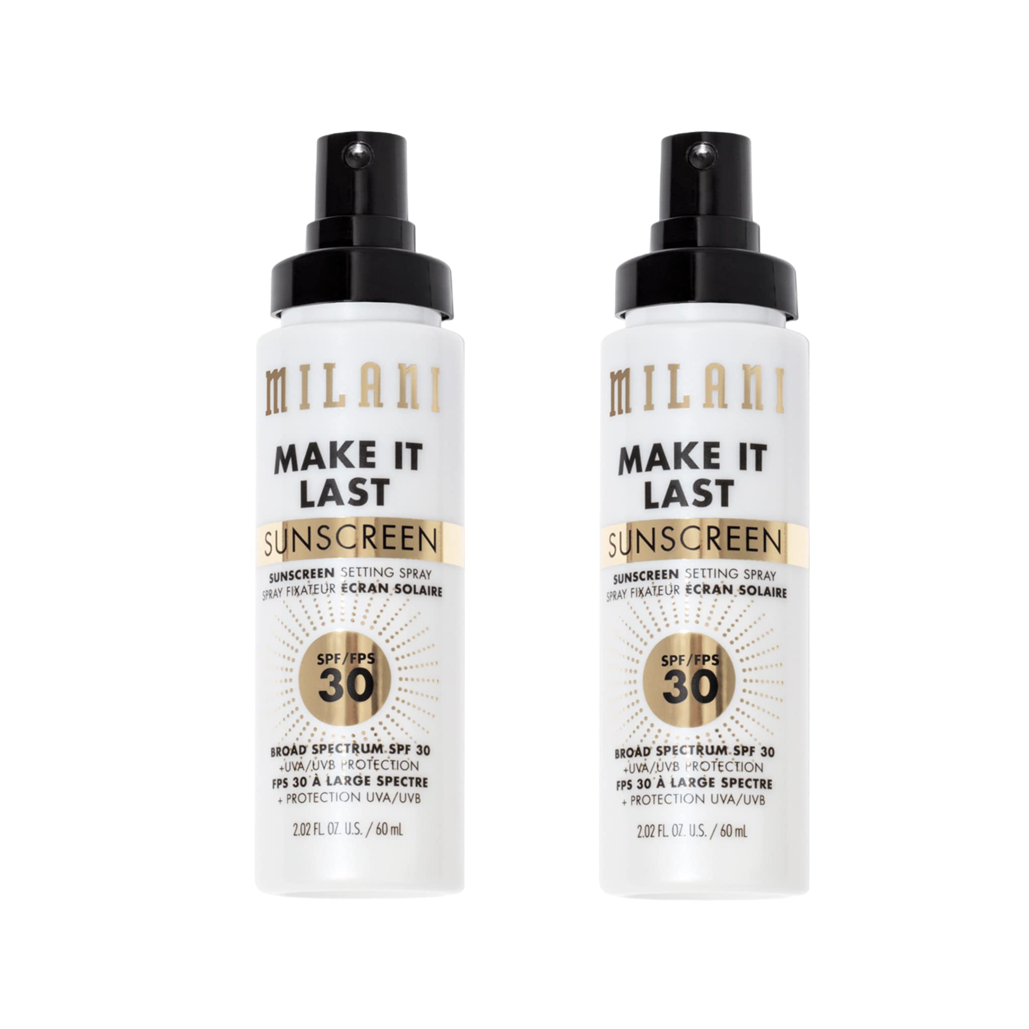 Milani Sunscreen Setting Spray bottle closeup for long-lasting makeup protection.