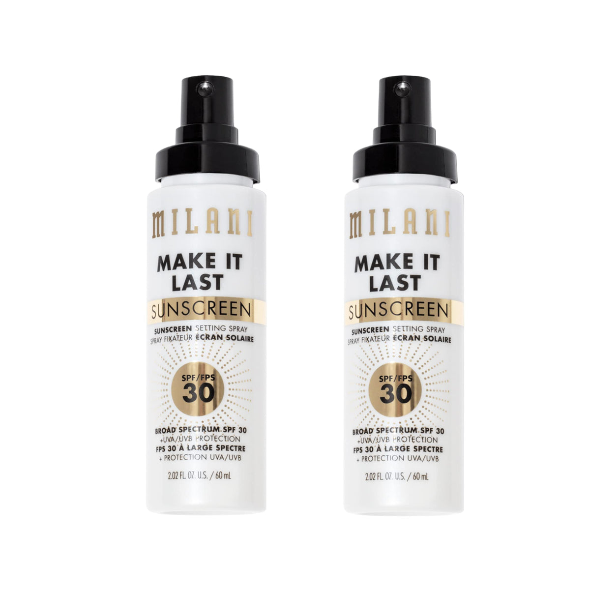 Milani Sunscreen Setting Spray bottle closeup for long-lasting makeup protection.