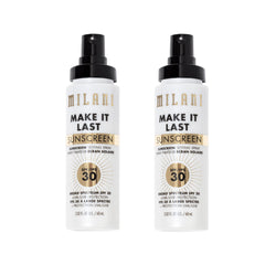 Milani Sunscreen Setting Spray bottle closeup for long-lasting makeup protection.
