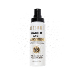 Milani Sunscreen Setting Spray bottle showing compact design for SPF protection.