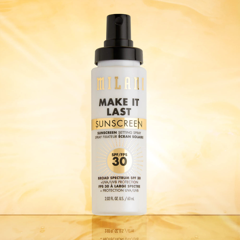 Milani Sunscreen Setting Spray mist application on skin for all-day wear.