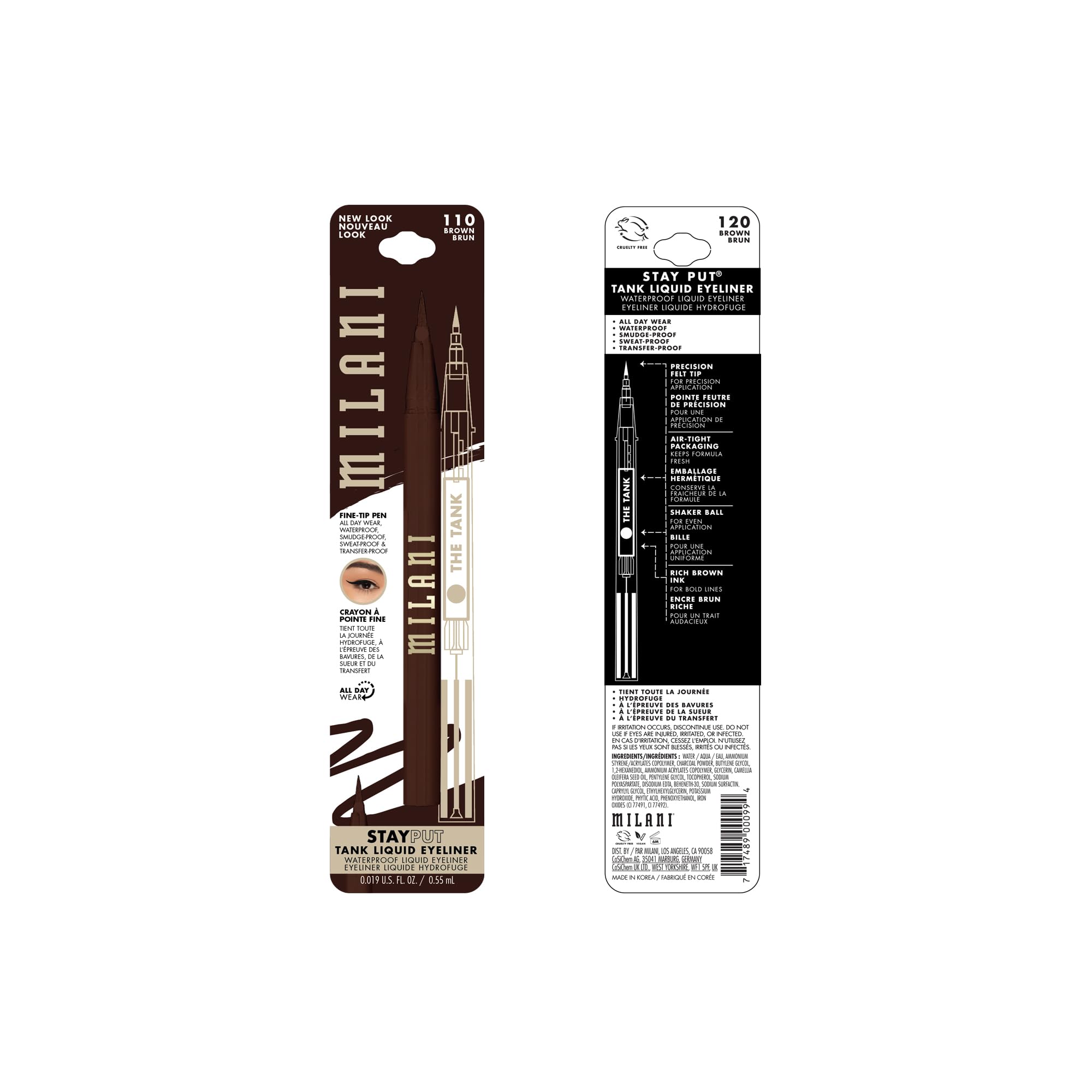 Milani The Tank eyeliner long-wear 24h for all-day definition.