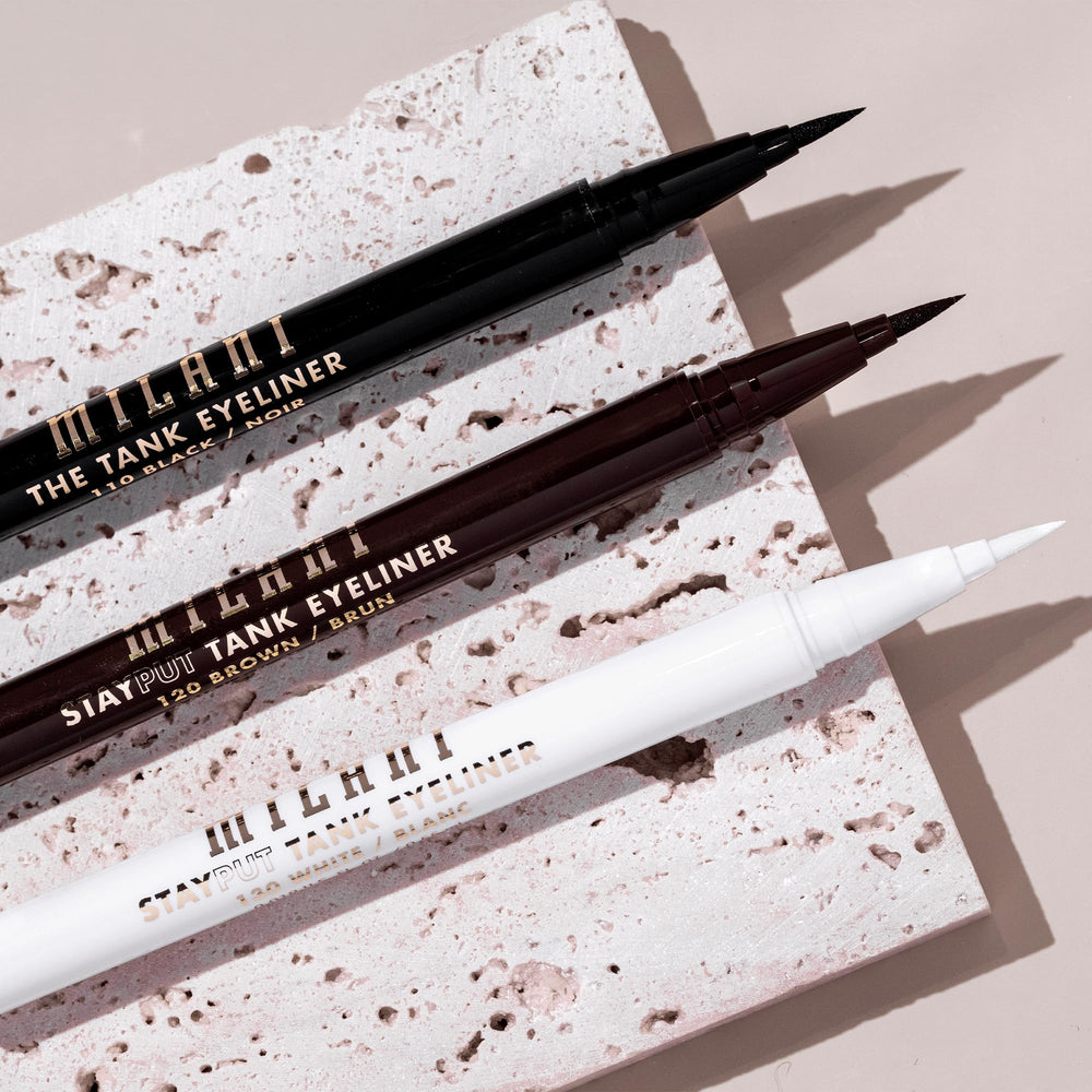 Milani The Tank eyeliner waterproof cap close-up highlights durable waterproof formula.