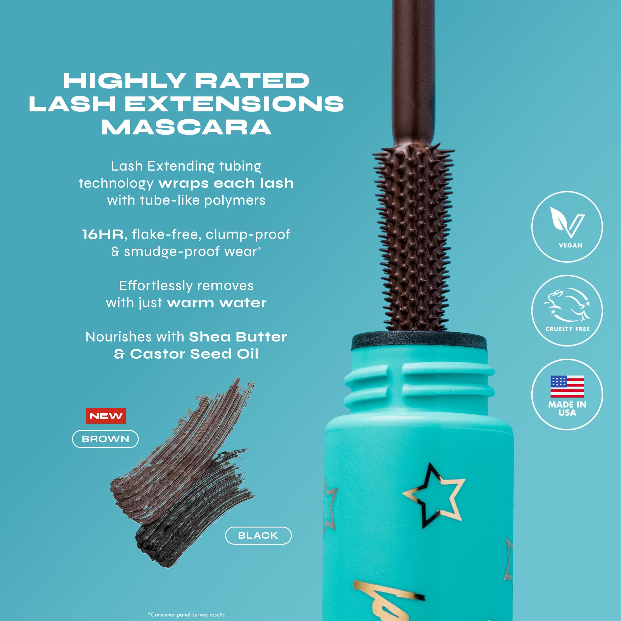 Milani Tubing Mascara wand in use demonstrates length and curl